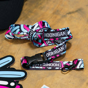 Colorful Hoonigan x Lia Block SCRIPT lanyard featuring bold branding and a stylish design, perfect for motorsport enthusiasts.