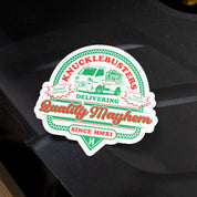 Hoonigan SPEED DELIVERY sticker featuring a vintage delivery van design with text about speed and quality mayhem.