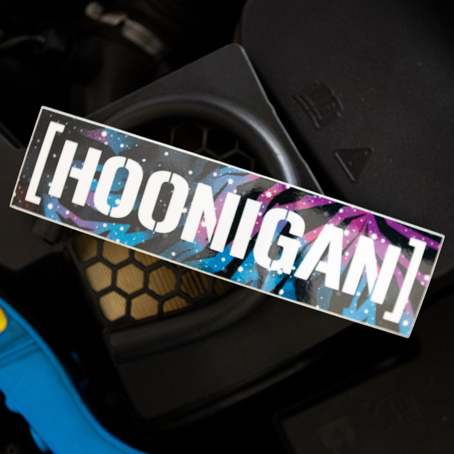 Hoonigan Galaxy Censor Bar Sticker featuring vibrant colors and bold lettering, perfect for automotive enthusiasts.