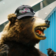 Hoonigan x Lia Block CENSOR BAR unstructured snapback hat displayed on a bear statue, showcasing bold logo design.