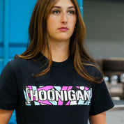 Model wearing the Hoonigan x Lia Block CENSOR BAR Short Sleeve T-Shirt, featuring a bold graphic design on a black background.