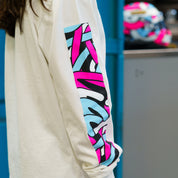 Long sleeve t-shirt featuring vibrant graphic design on the sleeve, inspired by Hoonigan x Lia Block collaboration.
