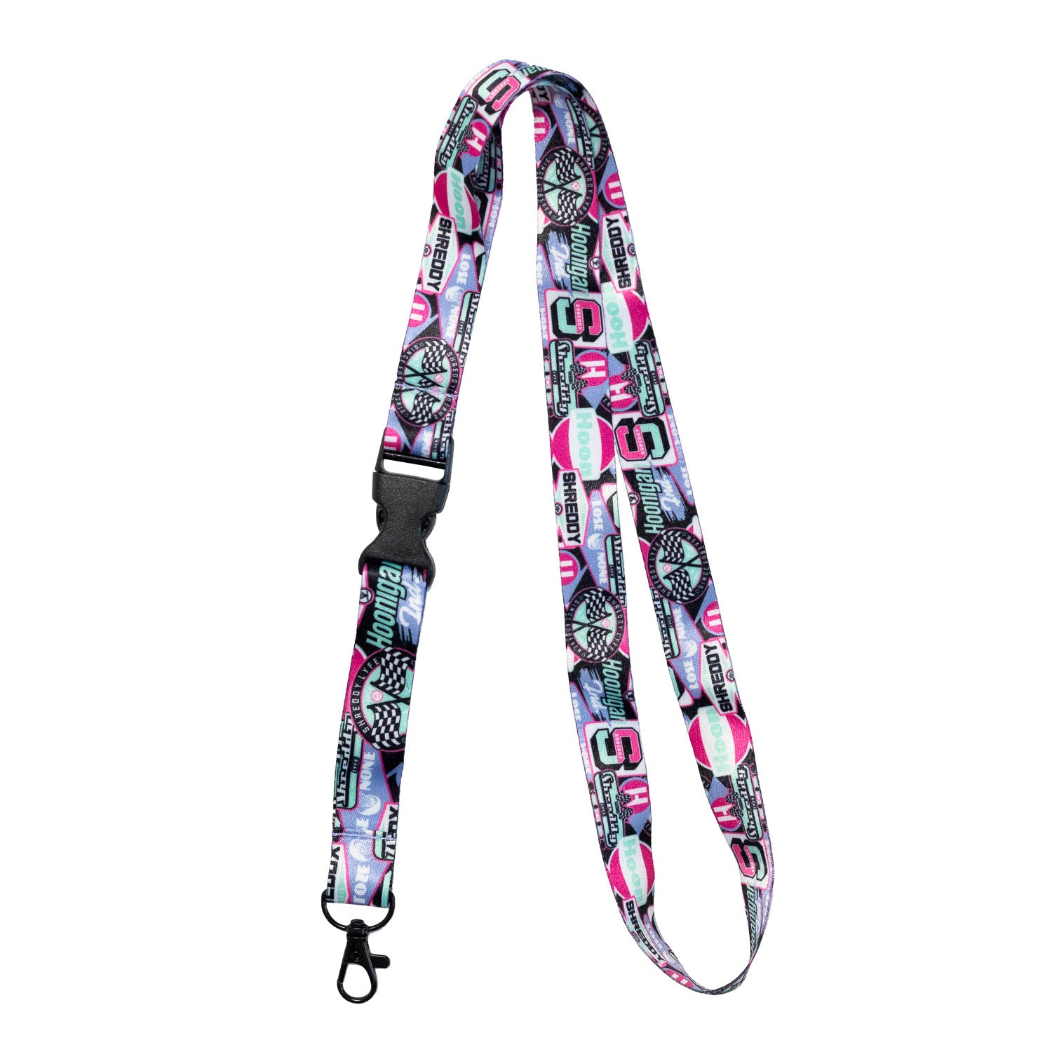 Colorful Hoonigan x Shreddy lanyard featuring bold graphics and a secure clip, perfect for motorsport enthusiasts.