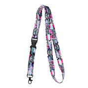 Colorful Hoonigan x Shreddy lanyard featuring bold graphics and a secure clip, perfect for motorsport enthusiasts.