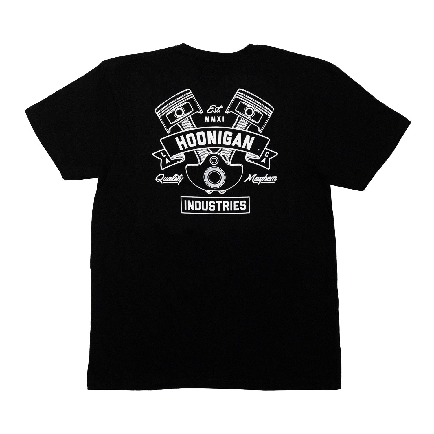 Black short sleeve t-shirt featuring a graphic design with pistons and the Hoonigan logo, emphasizing automotive culture.