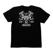Black short sleeve t-shirt featuring a graphic design with pistons and the Hoonigan logo, emphasizing automotive culture.
