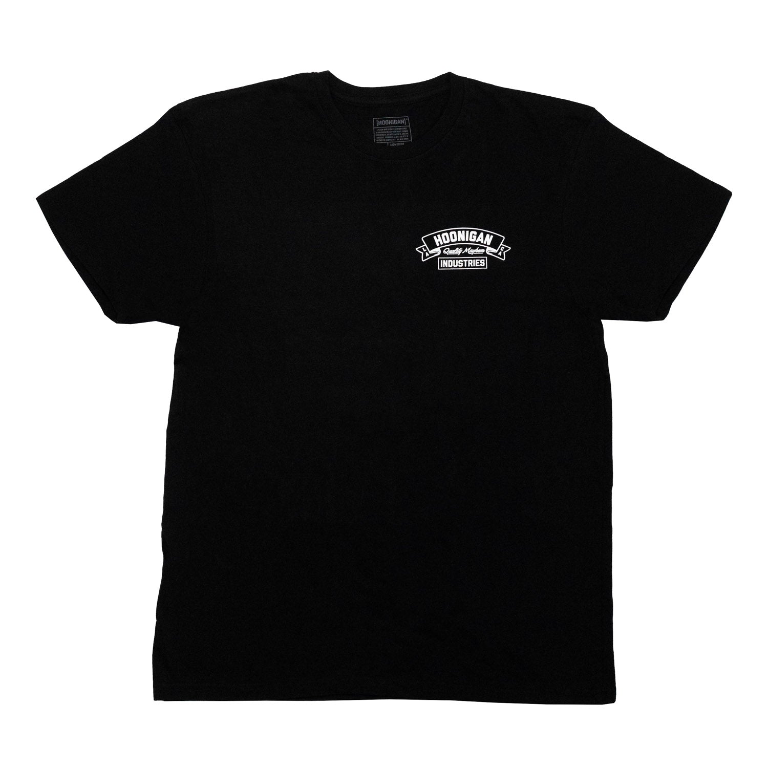 Black short sleeve t-shirt featuring Hoonigan logo on the chest, designed for automotive lifestyle enthusiasts.