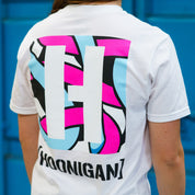 Hoonigan x Lia Block H BOX Short Sleeve T-Shirt featuring a bold graphic design in vibrant colors on the back.