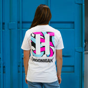 Hoonigan x Lia Block H BOX Short Sleeve T-Shirt featuring a bold graphic design on the back against a vibrant blue background.