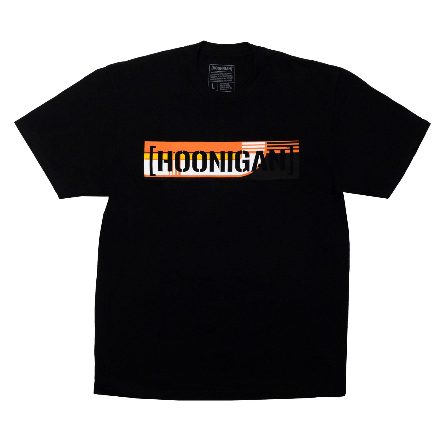 Black short sleeve t-shirt featuring a bold Hoonigan logo with a censor bar design, perfect for motorsport enthusiasts.