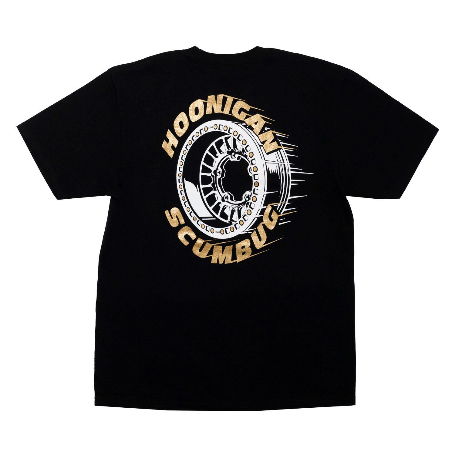 Black short sleeve t-shirt featuring a bold graphic of a tire and "Hoonigan SCUMBUG" text on the back.