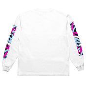 White long sleeve t-shirt featuring colorful abstract designs on the sleeves, celebrating automotive culture and style.