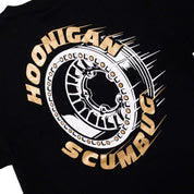 Black short sleeve Hoonigan SCUMBUG KM445 T-shirt featuring a graphic of a tire and bold text design on the back.