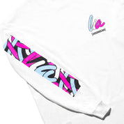 White long sleeve t-shirt featuring colorful Hoonigan x Lia Block graphic on the sleeve and logo on the chest.