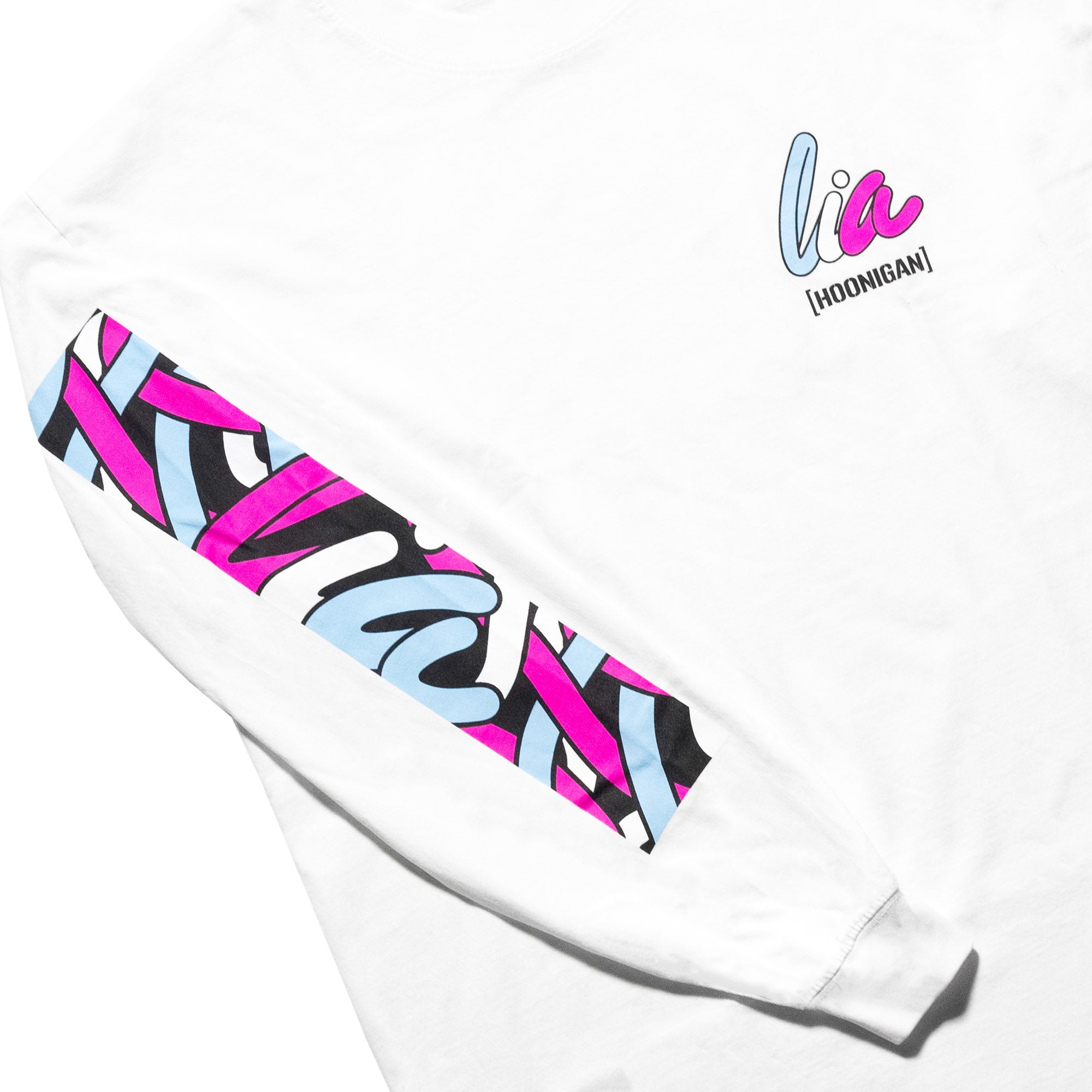 White long sleeve t-shirt featuring colorful Hoonigan x Lia Block graphic on the sleeve and logo on the chest.