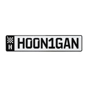 Hoonigan EURO license plate featuring bold lettering and a checkered flag design, perfect for automotive enthusiasts.