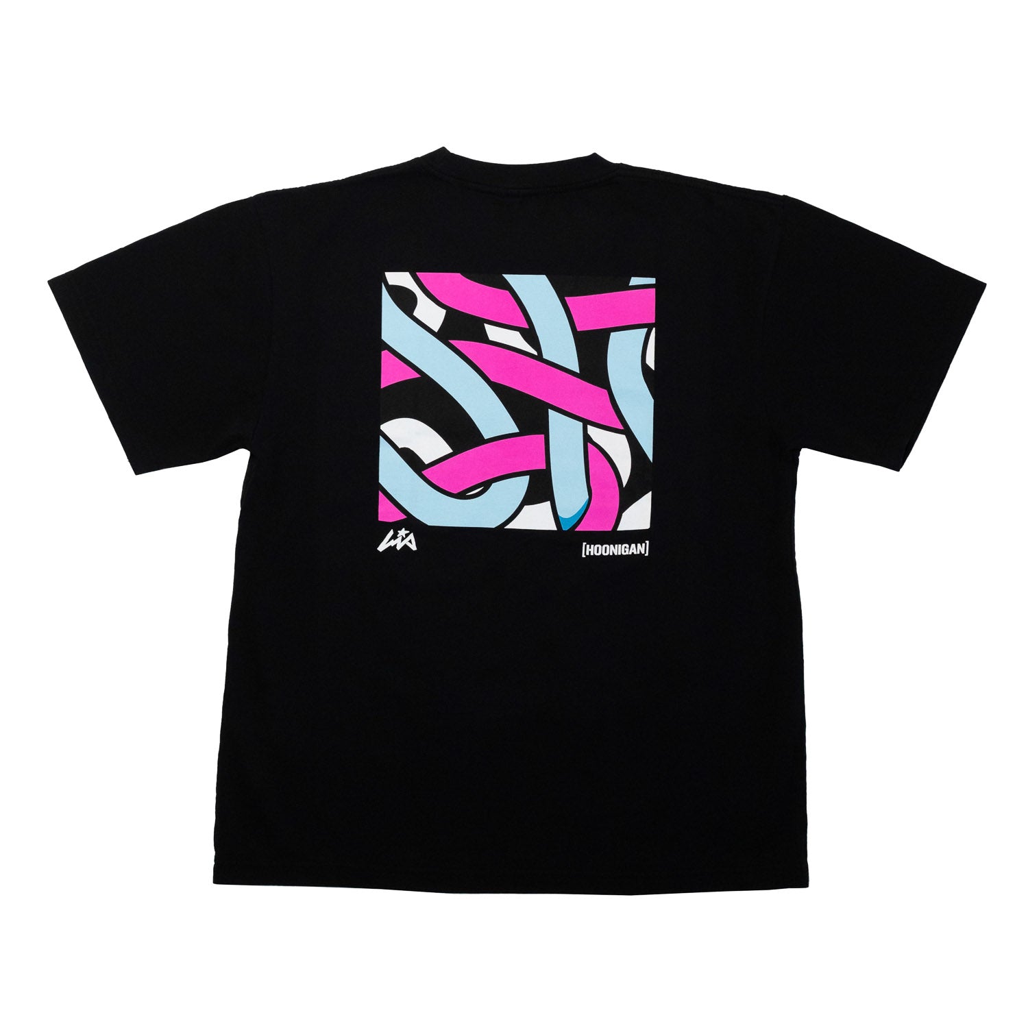 Black short sleeve tee featuring a colorful abstract design on the back, celebrating Hoonigan and Lia Block's collaboration.