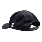 Black unstructured snapback hat featuring Hoonigan logo and adjustable strap, perfect for motorsport enthusiasts.