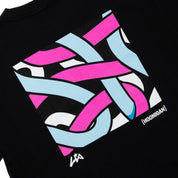 Hoonigan x Lia Block DSC Short Sleeve Premium Tee featuring a vibrant abstract design in pink, blue, and white on a black background.
