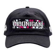 Black unstructured snapback hat featuring Hoonigan logo in a colorful censor bar design, perfect for motorsport enthusiasts.