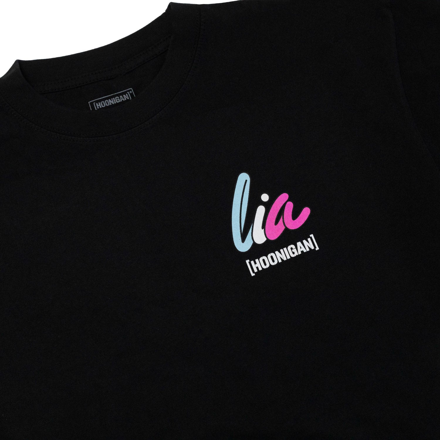 Black short sleeve tee featuring a colorful "lia" logo and Hoonigan branding, designed for motorsport enthusiasts.