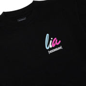 Black short sleeve tee featuring a colorful "lia" logo and Hoonigan branding, designed for motorsport enthusiasts.