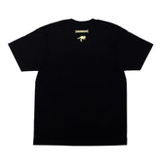 Black short sleeve t-shirt featuring a gold Hoonigan logo and a graphic of a car performing a drift on the back.