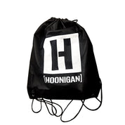 Black drawstring bag featuring the Hoonigan logo, designed for carrying three shirts in the $55 grab bag offer.
