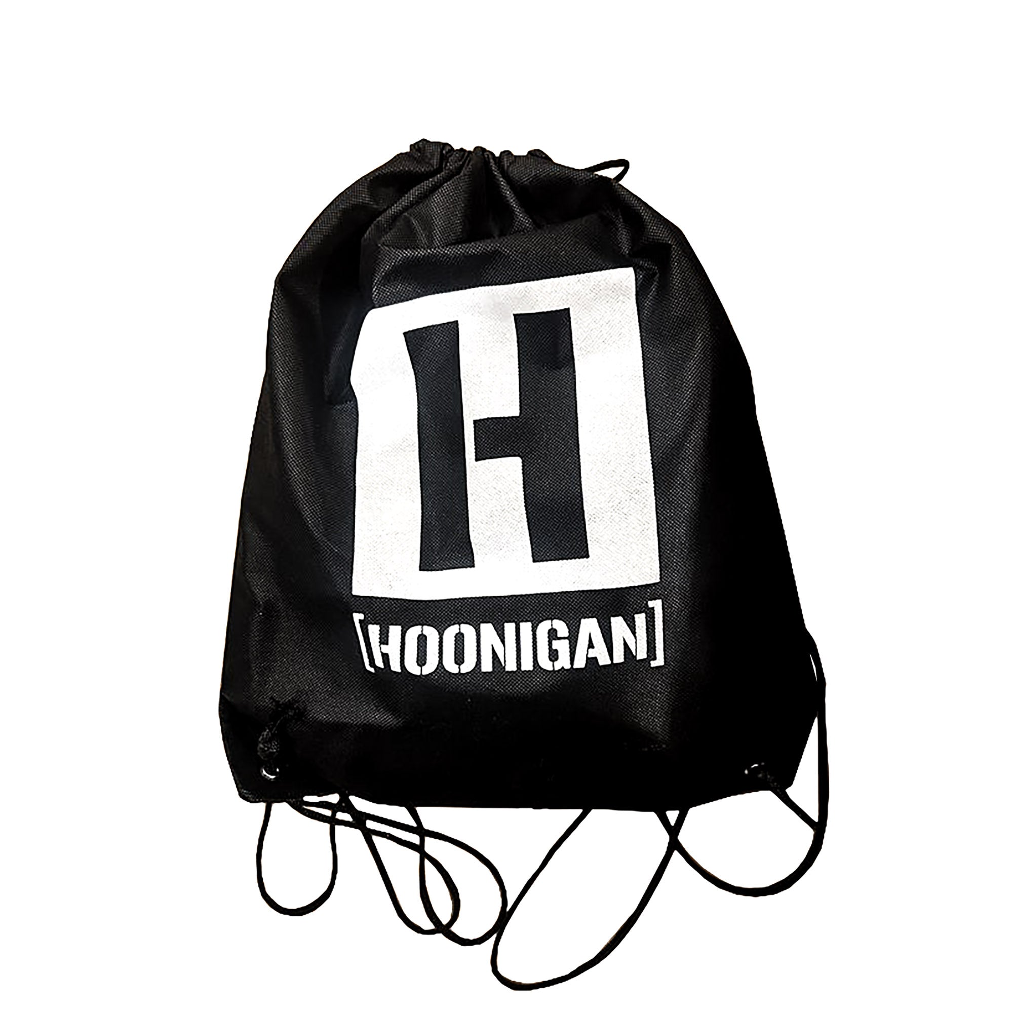 Black drawstring bag featuring the Hoonigan logo, designed for carrying three shirts in the $55 grab bag offer.