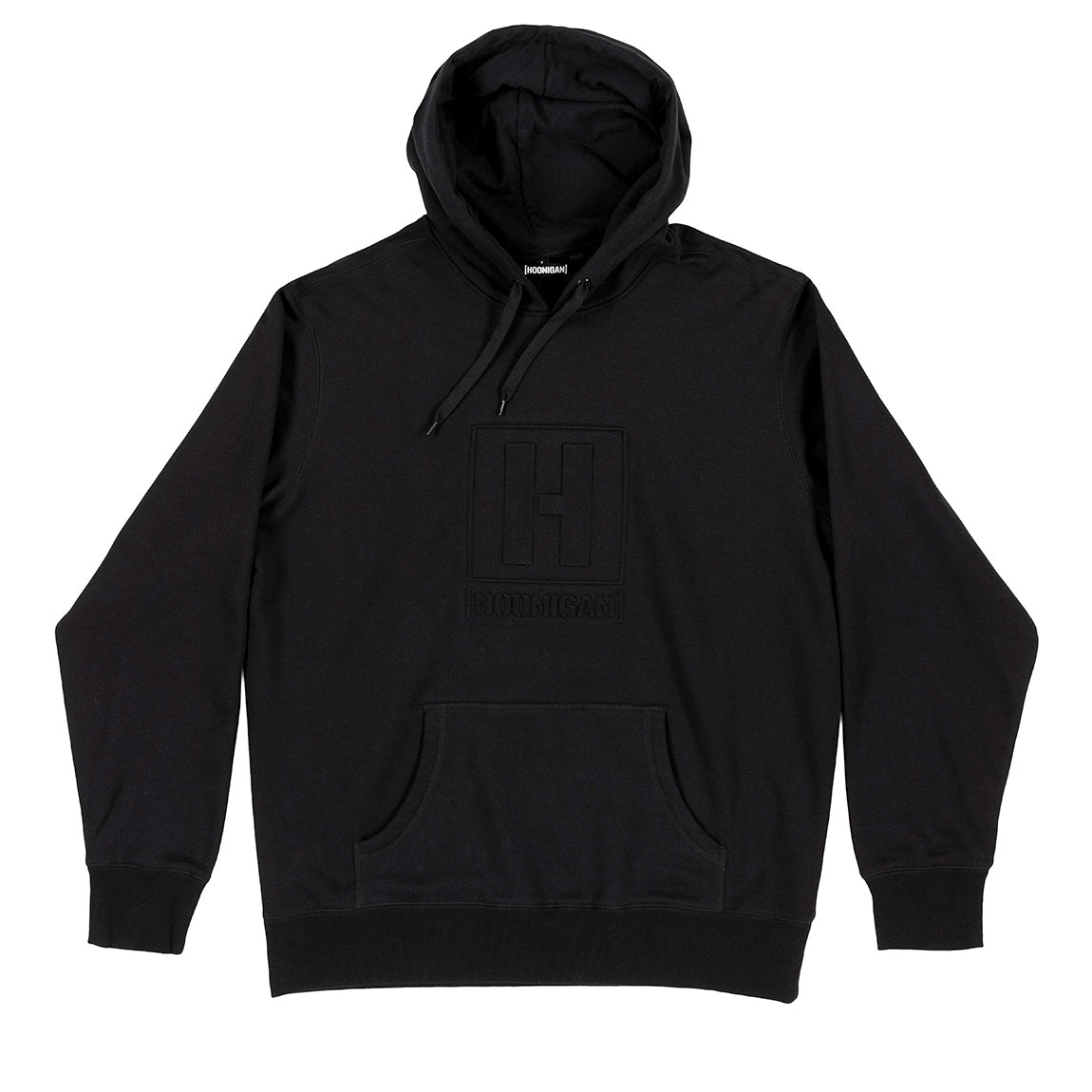 Hoonigan EMBOSSED H-BOX Hoodie in black, featuring a prominent embossed logo on the front and a drawstring hood, displayed against a plain background.
