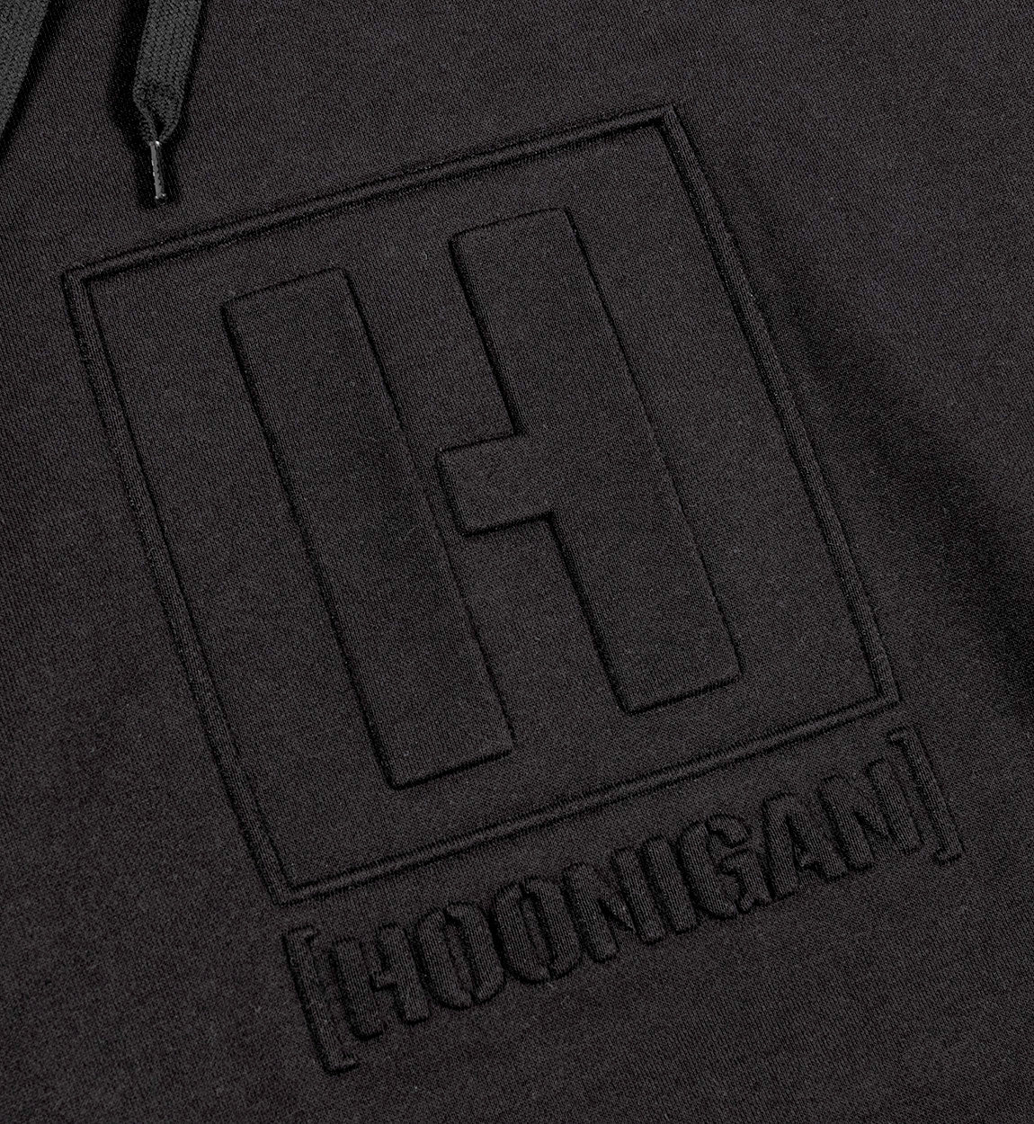 Hoonigan EMBOSSED H-BOX Hoodie in black with embossed logo on the chest, featuring a drawstring hood and kangaroo pocket.
