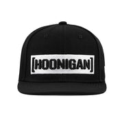 Hoonigan CENSOR BAR Snapback Hat in black and white, featuring bold logo on front, adjustable snap closure, and flat brim design.