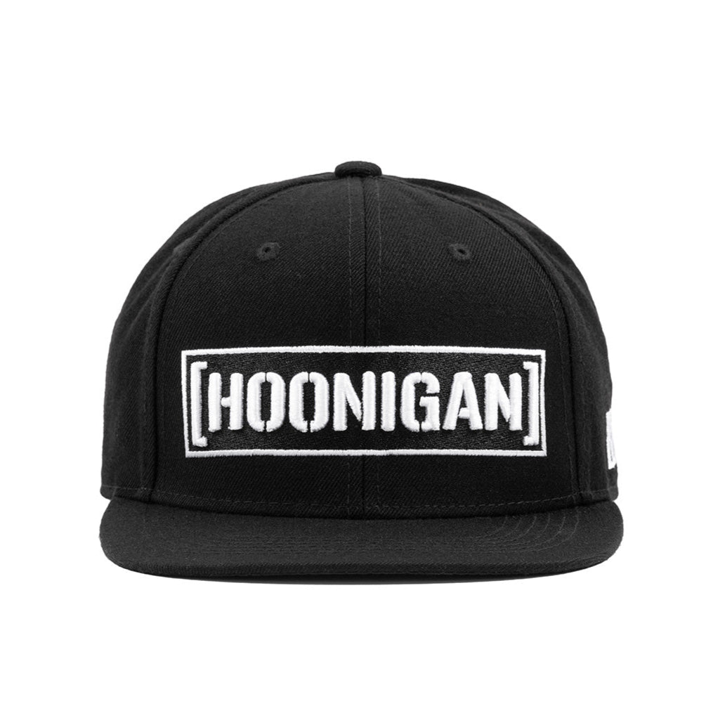 Hoonigan CENSOR BAR Snapback Hat in black, featuring a bold embroidered logo on the front and an adjustable snap closure.