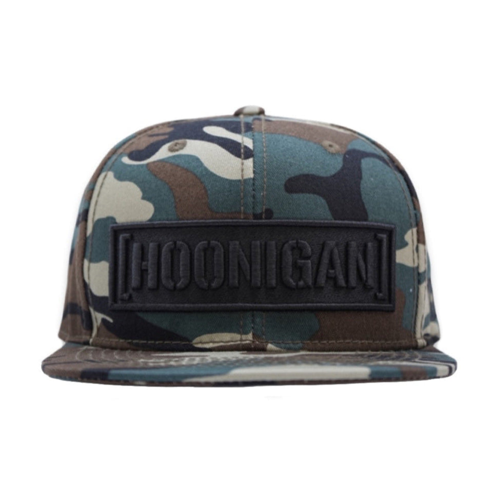 Hoonigan CENSOR BAR Snapback Hat in camouflage with black peak and logo.