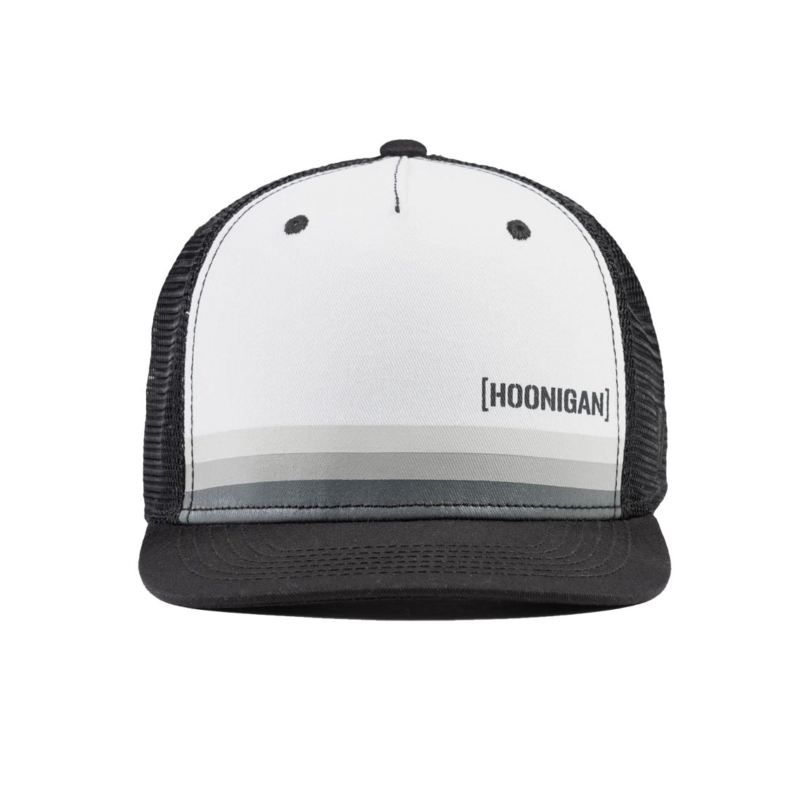 Black and white Hoonigan HORIZON Trucker Hat with a mesh back and embroidered logo on the front.