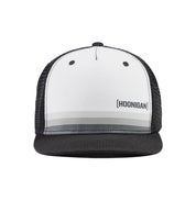 Black and white Hoonigan HORIZON Trucker Hat with a mesh back and embroidered logo on the front.
