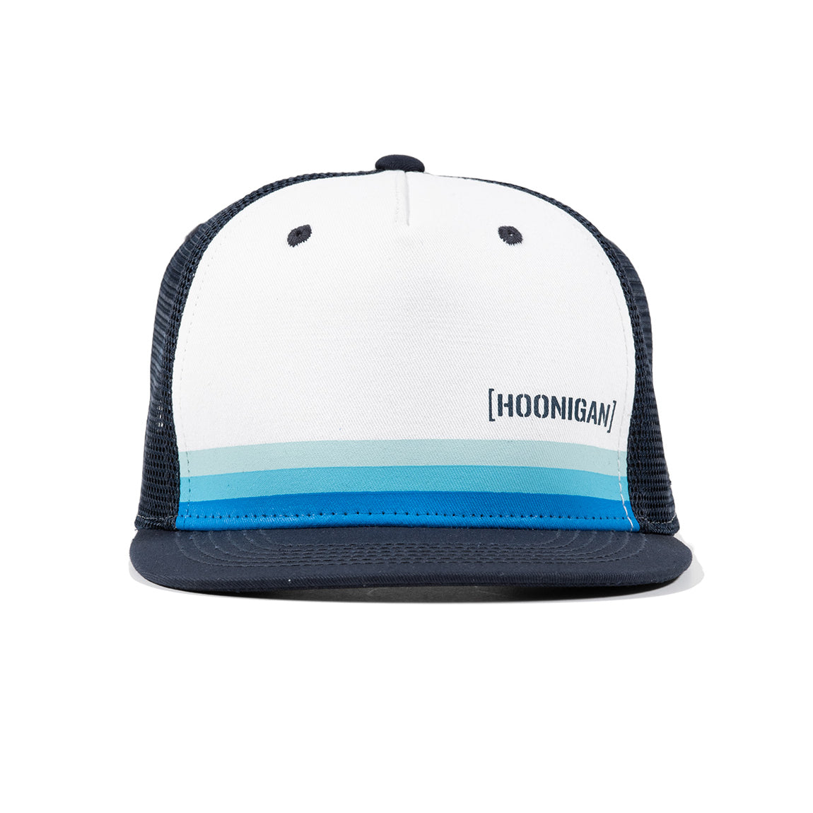 Hoonigan HORIZON Trucker Hat in navy and white with adjustable snapback closure and mesh panels.