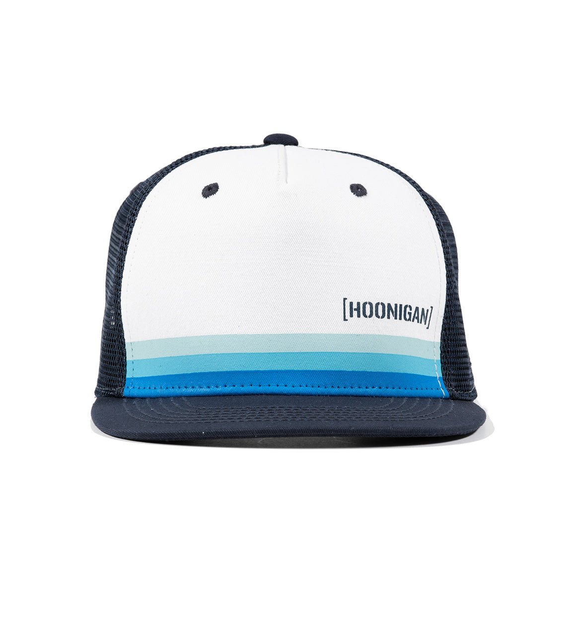 Hoonigan HORIZON Trucker Hat in navy and white with adjustable snapback closure and mesh panels.