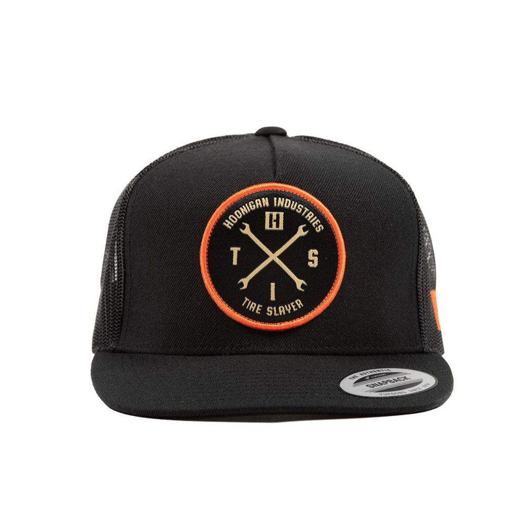 Hoonigan HITS v2 black and orange trucker hat with mesh back and embroidered logo.