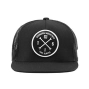 Black and white Hoonigan HITS v2 trucker hat with a front logo patch and adjustable snapback closure.