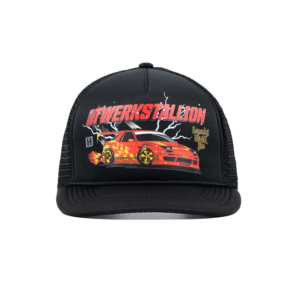 Hoonigan LEGENDS NEVER DIE black trucker hat with mesh back and bold white text.