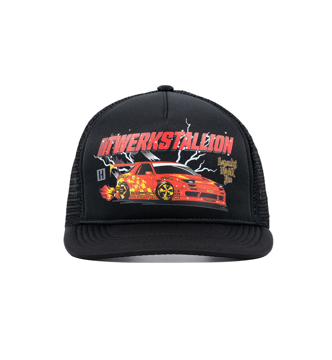 Hoonigan LEGENDS NEVER DIE black trucker hat with mesh back and bold white text.