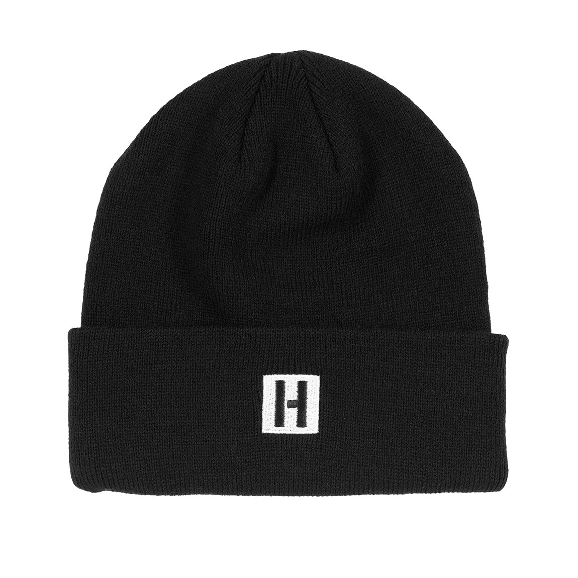Hoonigan CLASSIC H ICON beanie in black and white, featuring a bold "H" logo on the front and a ribbed knit design.