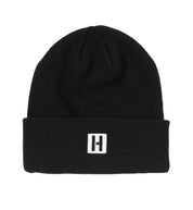 Hoonigan CLASSIC H ICON beanie in black and white, featuring a bold "H" logo on the front and a ribbed knit design.