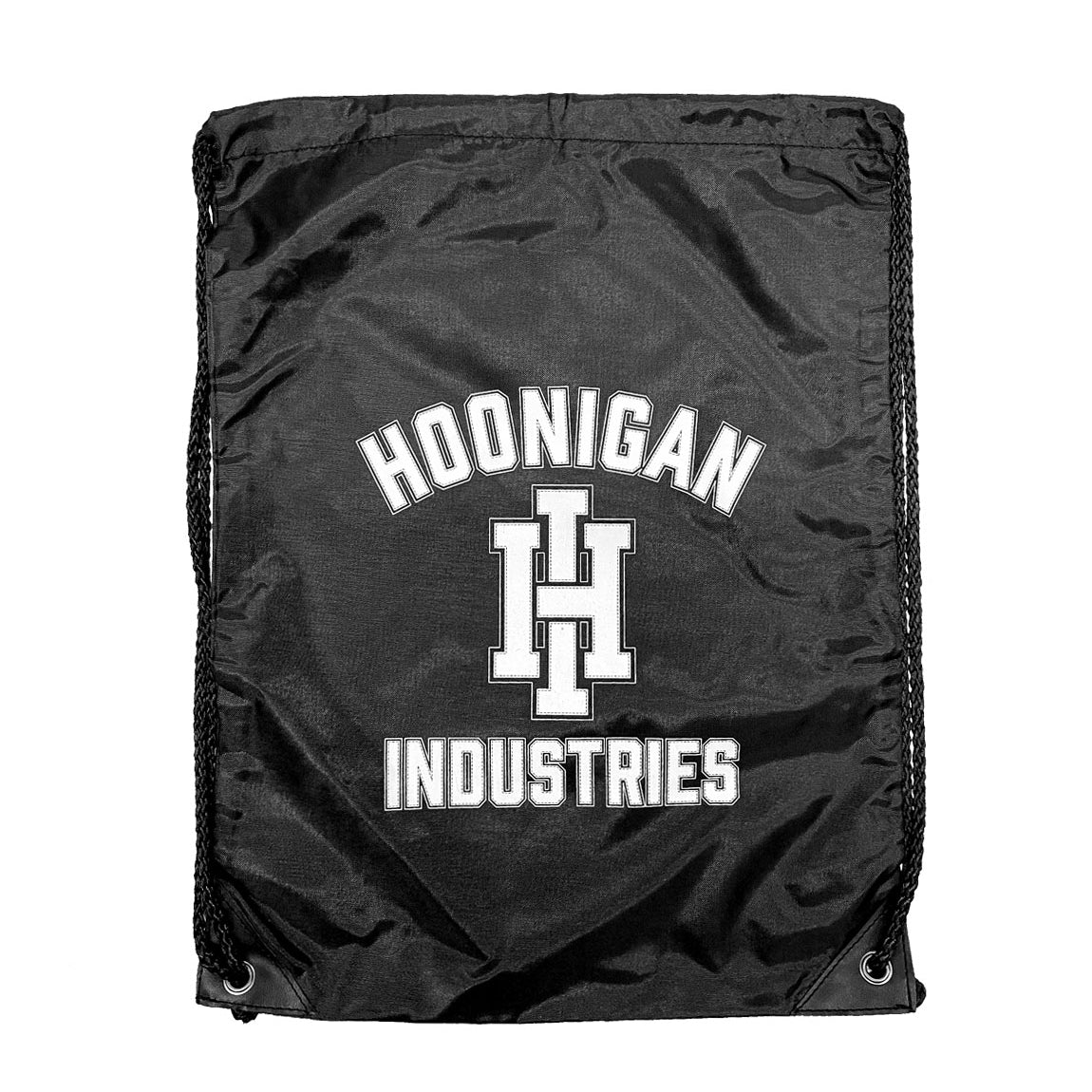 Hoonigan HOONIVERSITY black and white drawstring bag featuring the Hoonigan logo.