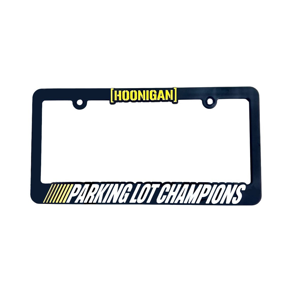 Hoonigan PARKING LOT CHAMPIONS black license plate frame with yellow text, showcasing a sporty design for car enthusiasts.
