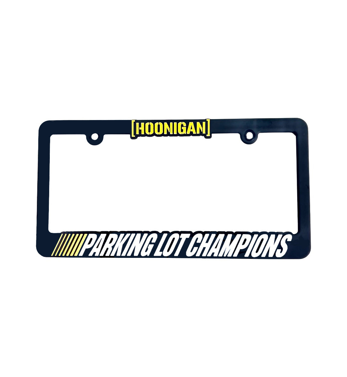 Hoonigan PARKING LOT CHAMPIONS black license plate frame with yellow text, showcasing a sporty design for car enthusiasts.