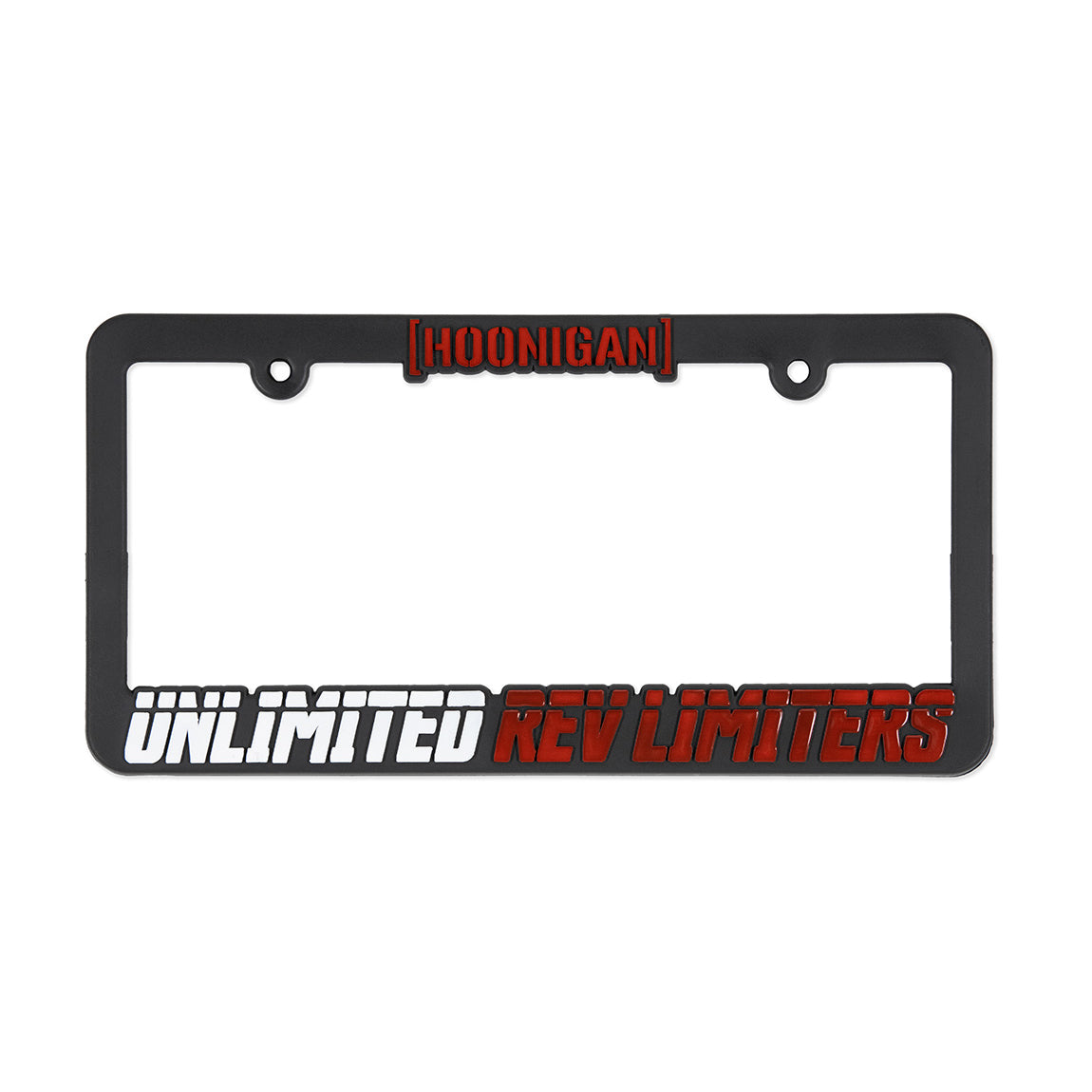 Hoonigan UNLIMITED REV LIMITERS black and white license plate frame with a sleek design.