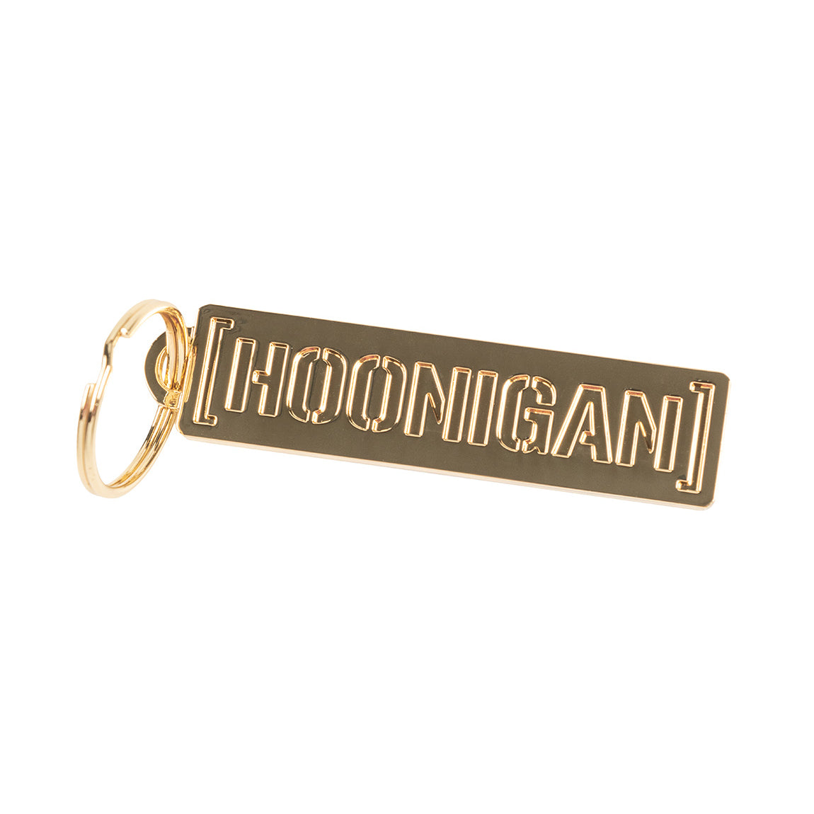 Gold metal keychain featuring the Hoonigan logo, perfect for automotive enthusiasts and car culture fans.
