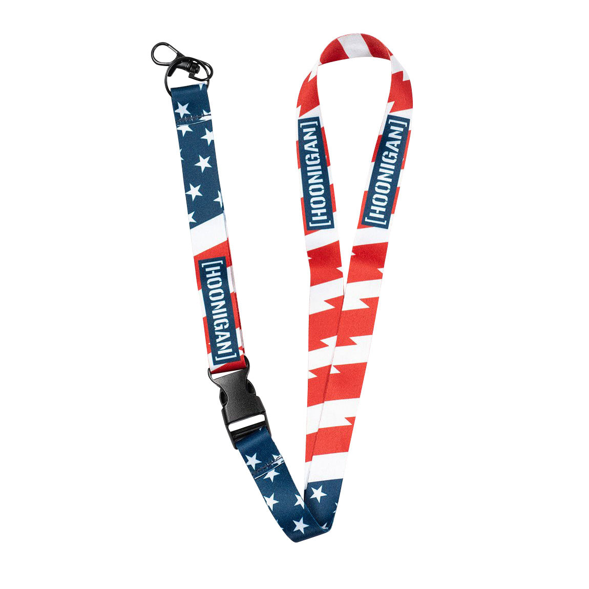 Hoonigan STARS & STRIPES lanyard featuring a bold American flag design in red, white, and blue, with a metal clip for keys or ID cards.